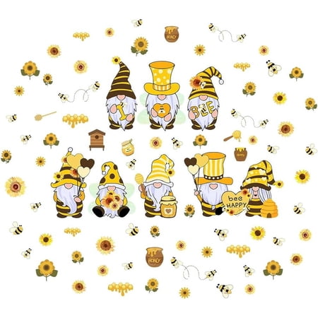 Yellow Gnome Elf Wall Sticker Bee Flower Wall Decals Bee Gnome Wall Sticker Sunflower Wall Vinyl DIY Decorations Stickers Decal Classroom Wall Clings for Party Decoration