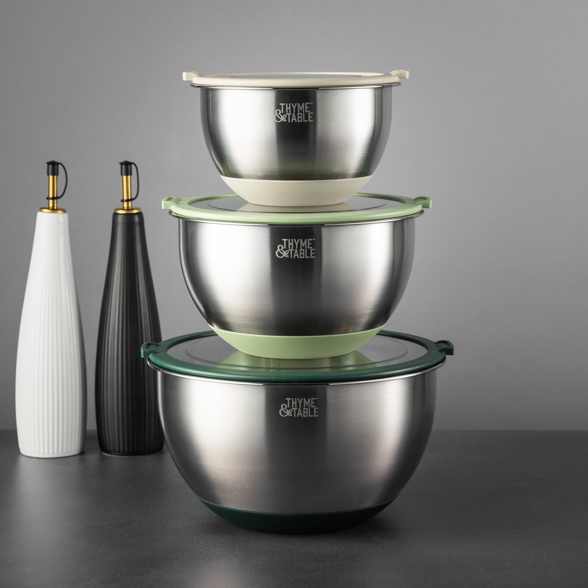 Thyme & Table 6-Piece Nesting Mixing Bowl Set with Easy Grip Transparent Lids - Green