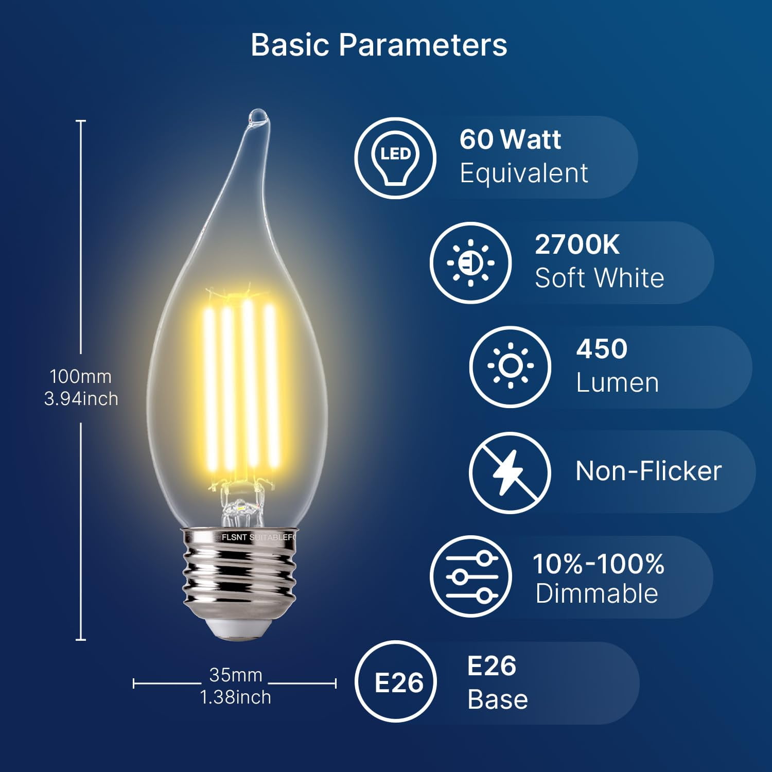 60 Watts Equivalent LED Chandelier Light Bulbs, Dimmable CA11 LED E26 Base Candelabra Bulbs, 2700K Soft White, 12 Pack