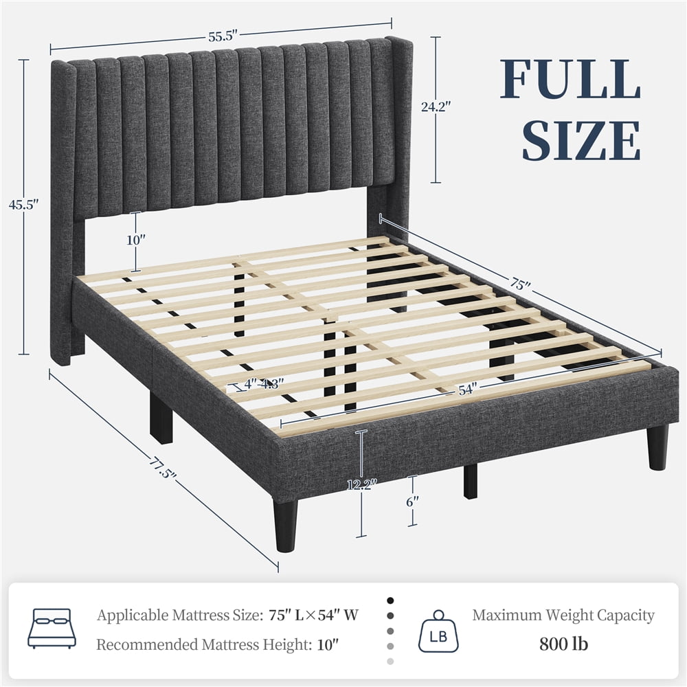 Yaheetech Upholstered Platform Bed Frame with Channel Tufted Headboard, Full, Dark Gray