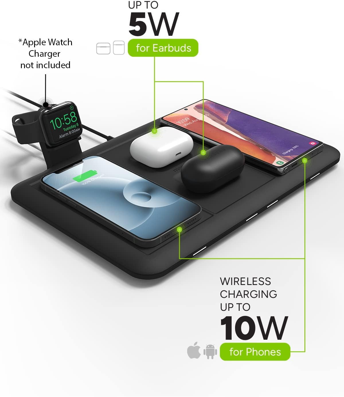 Open Box mophie 4-in-1 Wireless Charging Mat for Apple iPhone AirPods & Watch Samsung Galaxy Google Pixel and all Qi-Enabled Devices Additional USB-A Port Intuitive Design Includes Apple Watch Adapter