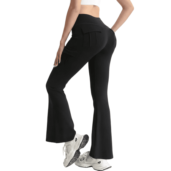 FLEXVIBE Womens Flare Leggings for Yoga Workout Polyester High Waist Stretch Bootcut Pants with Cargo Pockets,Black,US Size S