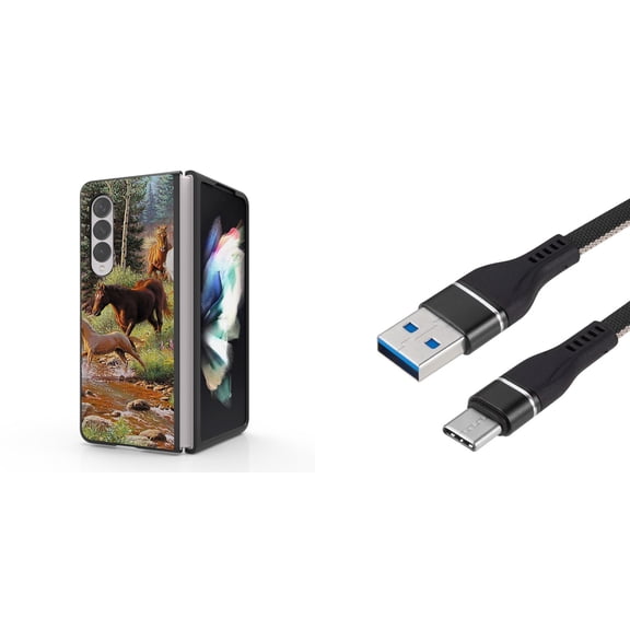 Accessory Bundle for Galaxy Z Fold 4: Slim Snap-On Case (Wild Horse River), Nylon Braided USB-C to USB-A Cable (3 Feet)