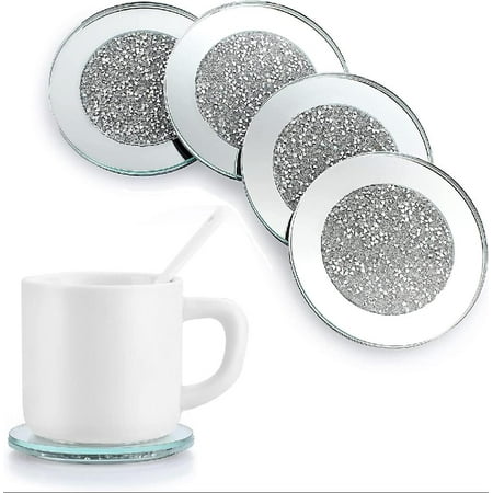 

Glass Mirror Coaster for Drinks Mirror Round Crushed Diamond Cup Coasters Set Stunning Cool Coaster Cups Place Mats Decor for Restaurant Kitchen bar Dining Table (4 Inches Round)
