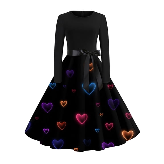 Fgvctg Valentine'S Day Womens Plus Size Crewneck Vintage Dress Cocktail Pretty Long Sleeve Rich Dresses Cocktail Classy Date Night 1950S Dress Romantic Cute Heart Print Outfits Black XL