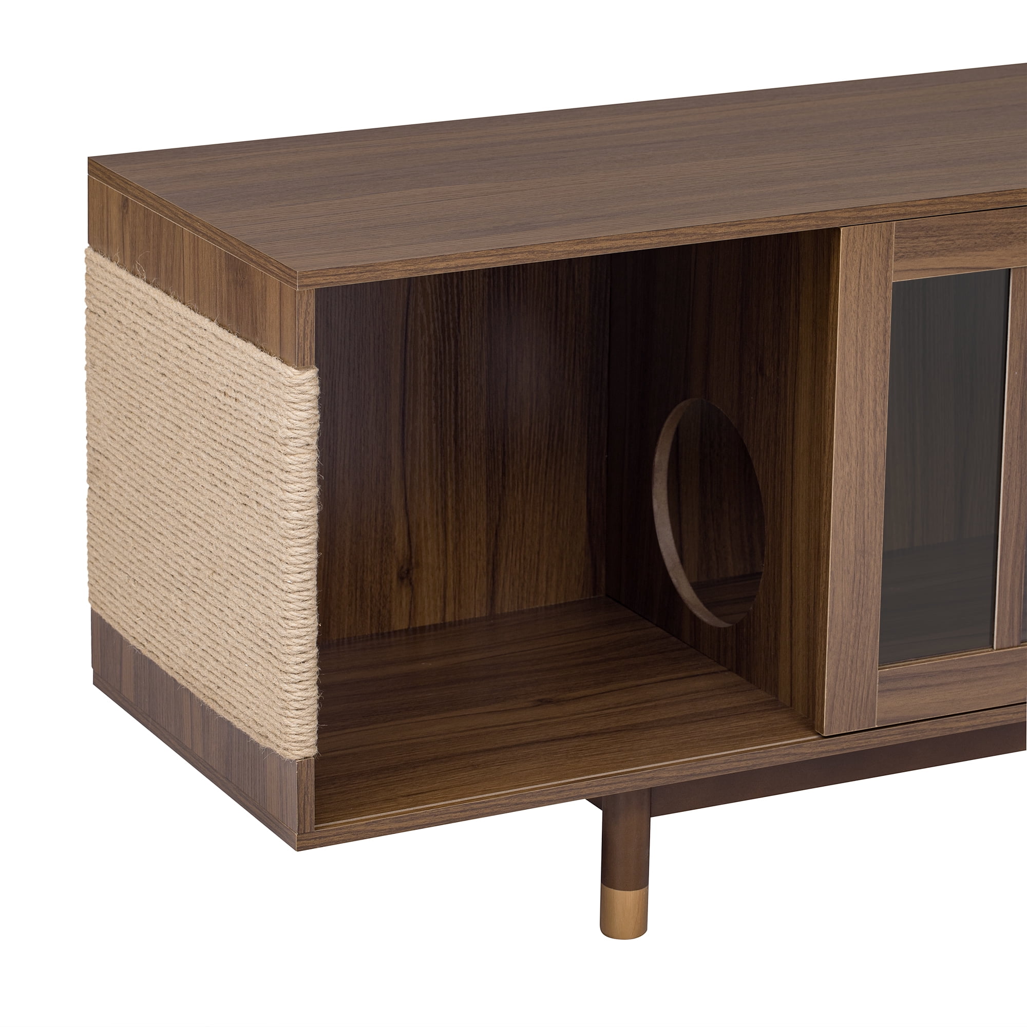 Euroco modern style Walnut TV STAND Cat house pet friendly With Sliding door flip-down