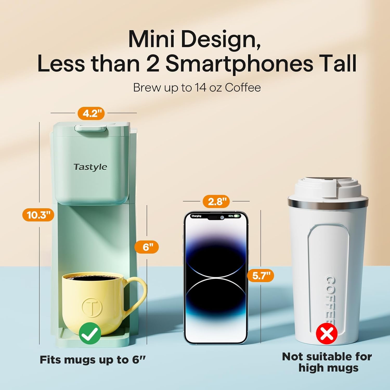 Mini Hot and Iced Coffee Maker Single Serve, for K Cup and Ground, 6 to 14 Oz Brew Sizes, with Recipe Book, for Home, Travel, RV, Office and Dorm, Mint