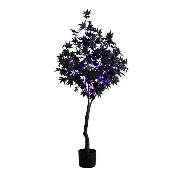 Nearly Natural 4ft. Pre-Lit Artificial Halloween Black Maple Tree with 180 Orange & Purple LED Lights