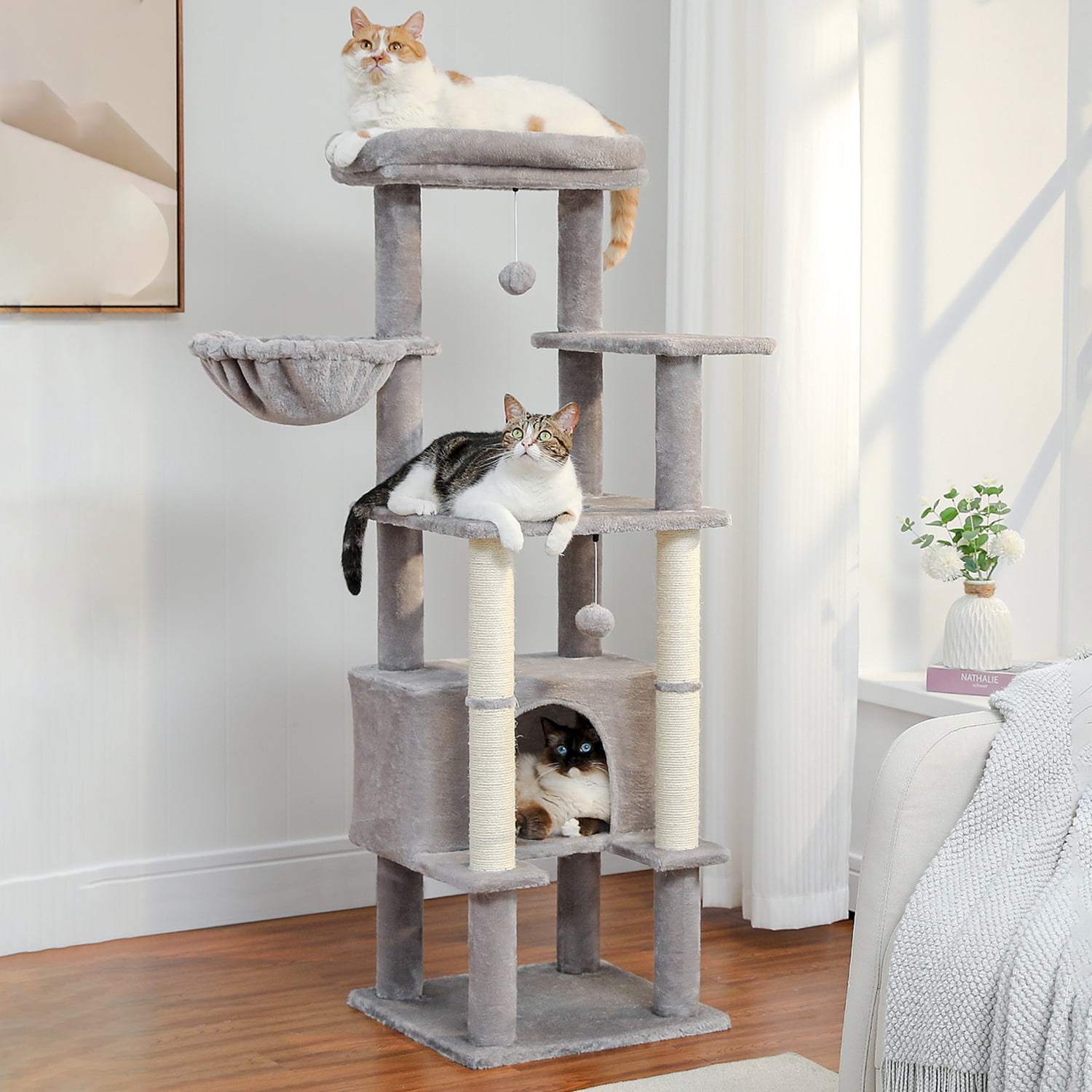 Pefilos 54" Cat Tree House for Indoor Cats, Cute Sisal Rope Cat Condo Plush Cat Climb Tree Cat Tree Tower for Large Cat, Gray Pefilos 54" Cat Tree House for Indoor Cats, Cute Sisal Rope Cat Condo Plush Cat Climb Tree Cat Tree Tower for Large Cat, Gray