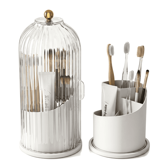Rotating Concealed Toothbrush Holder with Cover – Dustproof Bathroom Organizer, Hidden Storage for 6 Toothbrushes, Compact Countertop Design