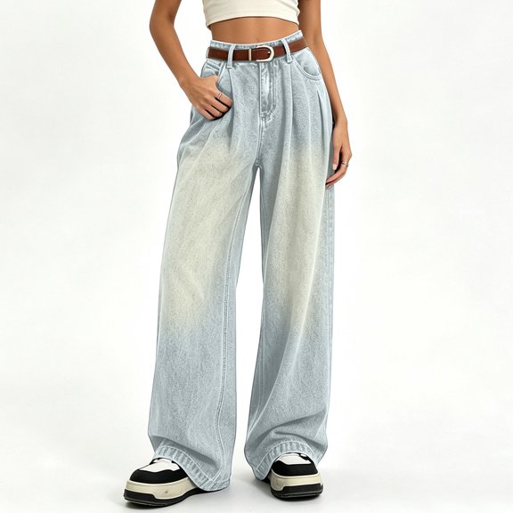 ZHYou Wide Leg Jeans for Women Baggy Loose High Waist Pleated Vintage Washed Casual Palazzo Denim Pants for Ladies,Light Blue,Size XS