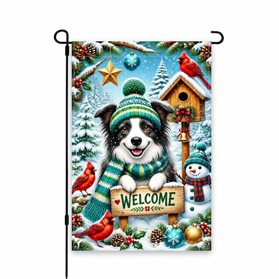Festive Winter Welcome Garden Flag 12x18 Inch – Dog & Snowman Scene with Cardinals for Lawn, Patio, Outdoor Christmas Decor – Vibrant Colors