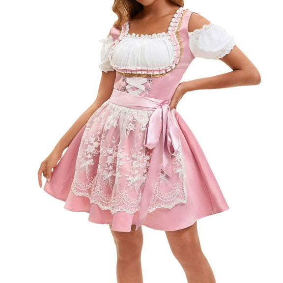Baberdicy German Dirndl Dress - Oktoberfest Traditional Beer Festival Costume Pink L, Womens Vintage Dress Germany Oktoberfest Sleeveless Beer Dress Stage Performance Dress