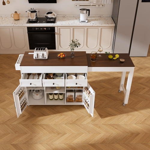 Kitchen Island with Extendable Table, Rolling Kitchen Cart with Storage, Mobile Prep Station with Power Outlet and Wheels, White