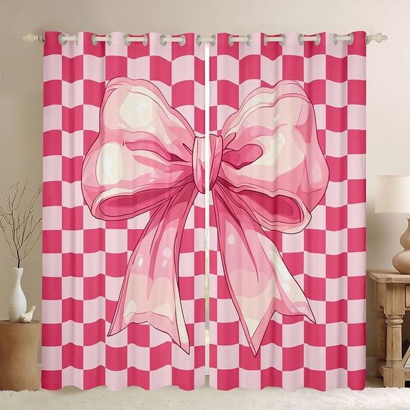 Erosebridal Girls Pink Bowknot Black Out Curtains,Kids Geometric Grid Printed Curtains Pack of 2 (42x63 Each)
