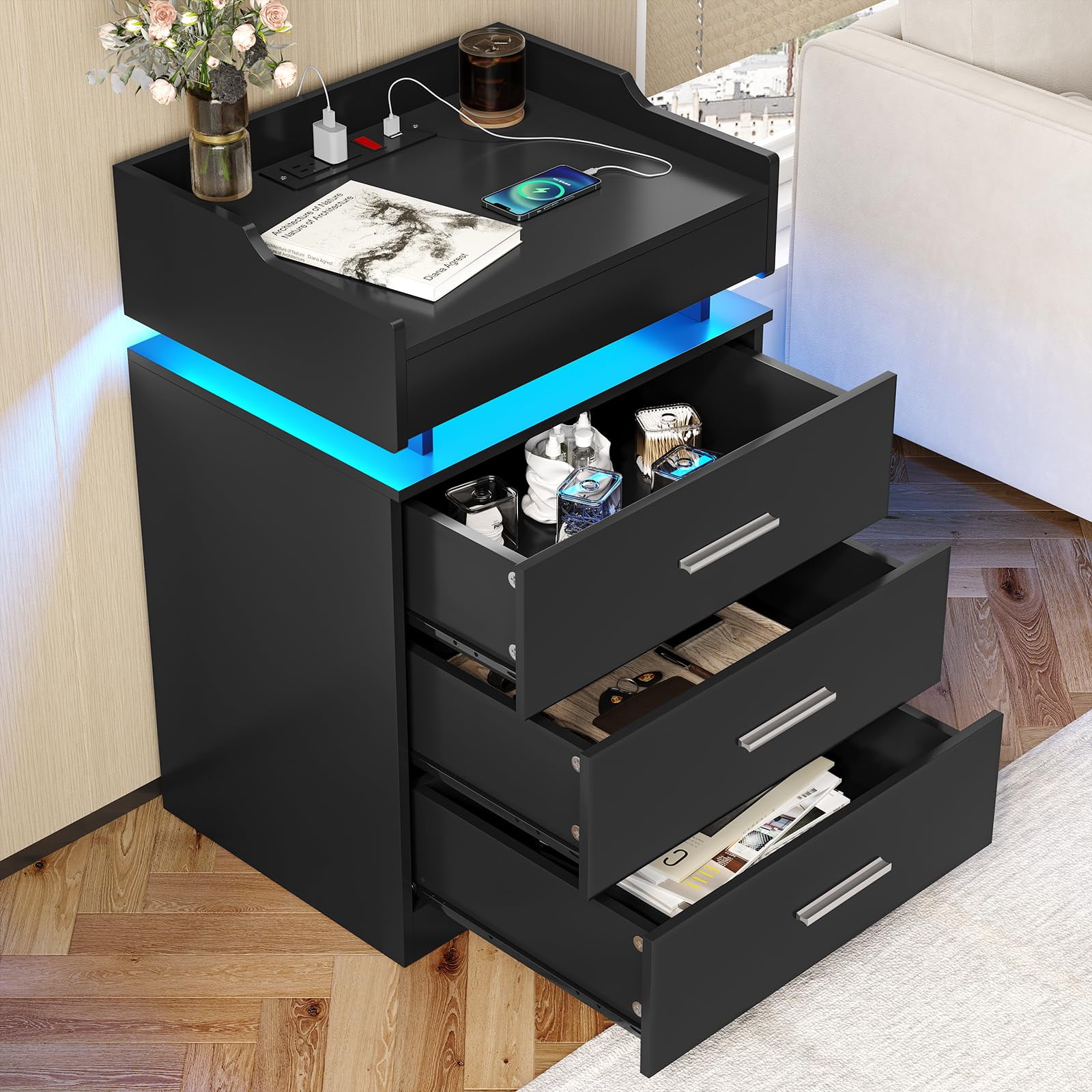 Afuhokles Nightstand with Charging Station USB Port and LED Light, 3 Drawers Bedside Table with Pull-Out Tray, Black