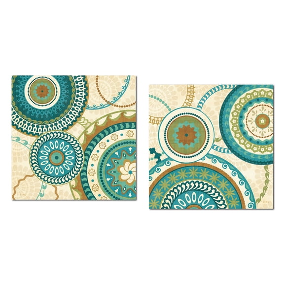 Lovely Teal, Green and Tan Medalion Circle Patterned Print Set by Veronique Charron; Two 12x12in Paper Posters