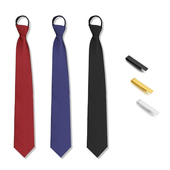 Clip on Ties, 3Pcs Adjustable Zipper Ties and 3Pcs Tie Clips Set, 3 Colors Clip on Easy Necktie Pre