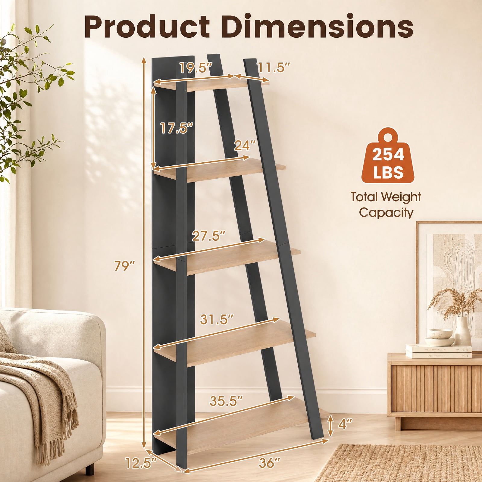 Furnibear 5-Tier Modern Bookshelf Narrow Vertical Display Shelf for Small Space for Living Room Home Office Bedroom Display Storage Shelf, Gray