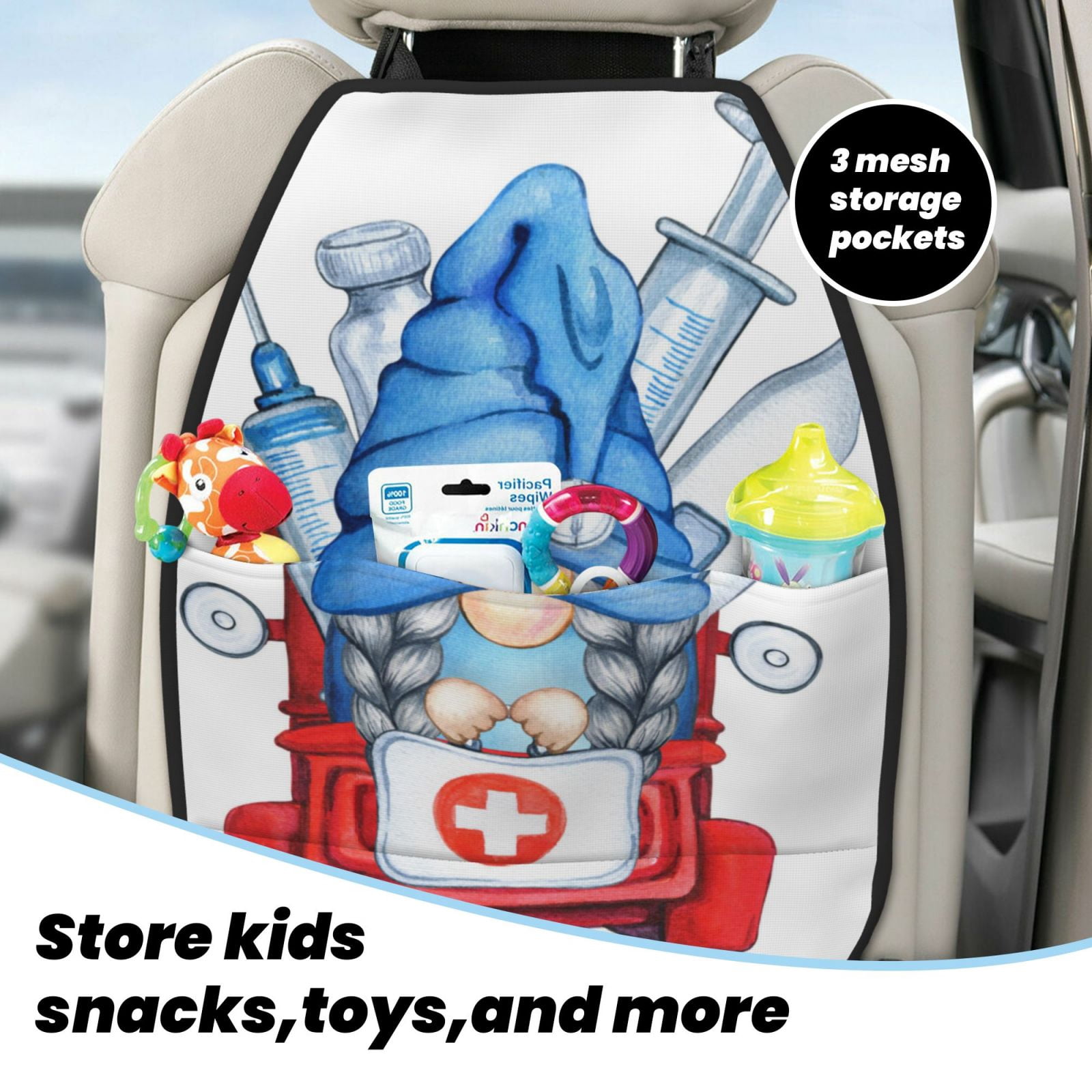 Kdxio Medicine Gnome Truck Red Print 2 Pack Car Kick Mat Seat Cover Back Protector Mat with Pockets for Organizer Backseat Protector and Storage Anti Kick Pad for Vehicles