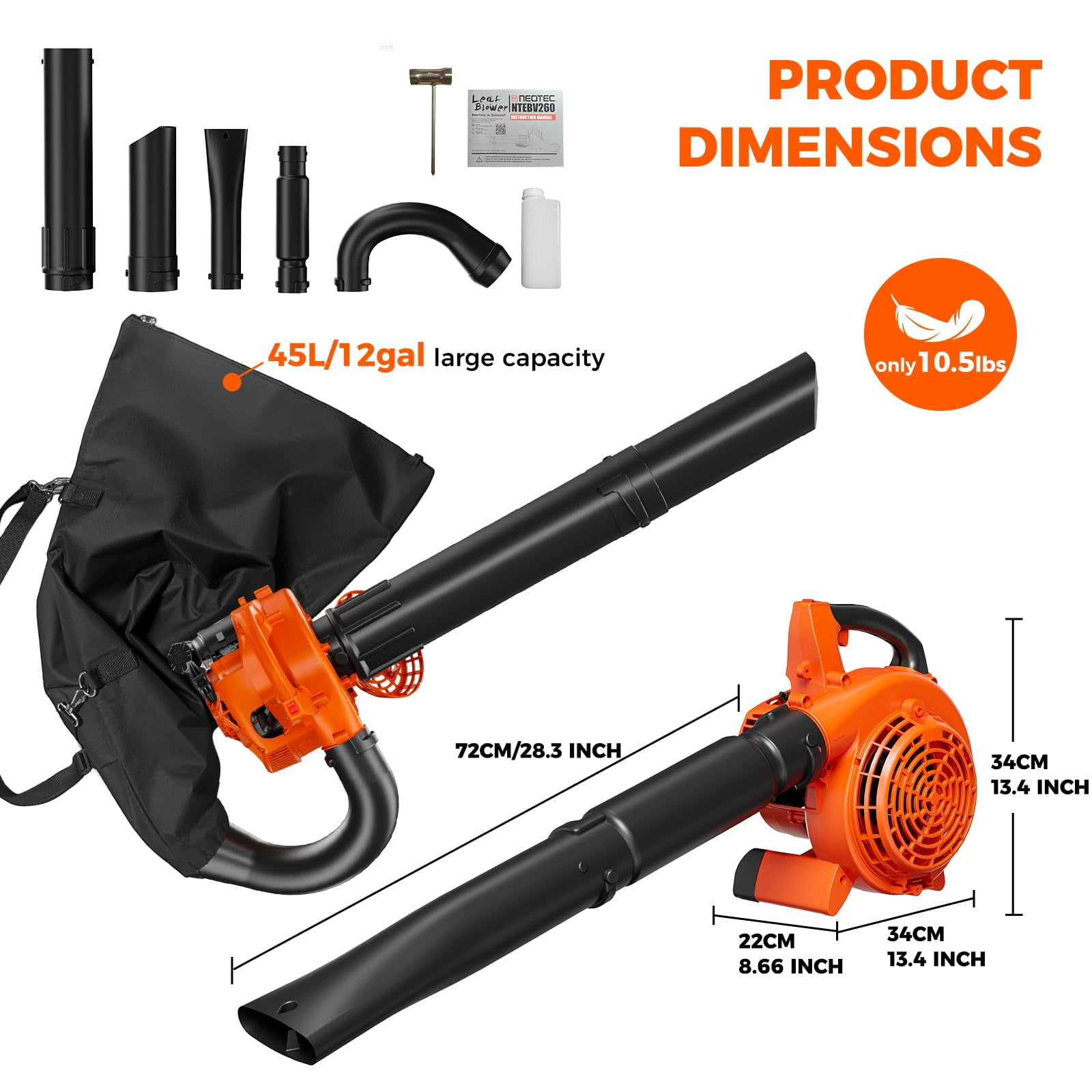 NEOTEC 3IN1 Gas Leaf Blower Mulcher Vacuum Cordless Bag -25.4CC 180 MPH 432CFM 2-Cycle Lightweight Gas Powered Blower for Lawn Care-Professional Logging