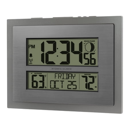 BETTER HOMES & GARDENS SILVER ATOMIC WALL/TABLE CLOCK WITH MOON PHASE & CALENDAR