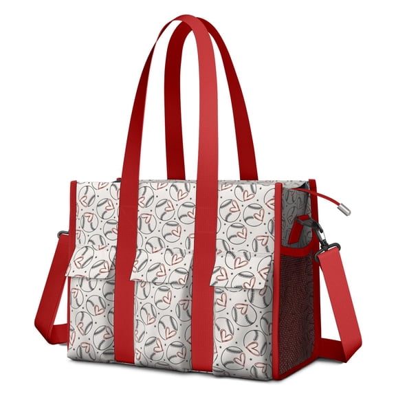 Teacher Tote Bag,Beige Baseballs with Hearts Pattern Teacher Utility Tote Bag,Large Work Tote Bags for Women with Multiple Pockets,Top Zipper Closure,13.8x10.6x6.7 Inch