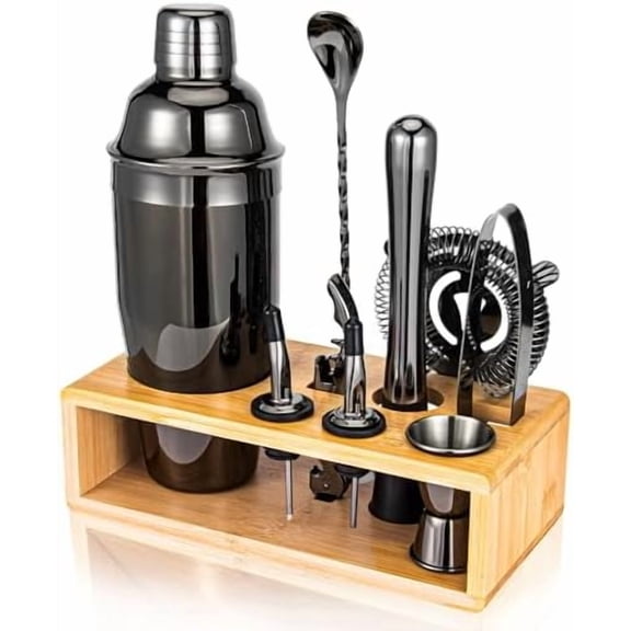 Cocktail Shaker Set, Mixology Bartender Kit 10-Piece Bar Tool Set with Stylish Bamboo Stand, Bar kit: Martini Shaker Mixing Spoon Muddler Jigger Corksrew for Barware Set | Black