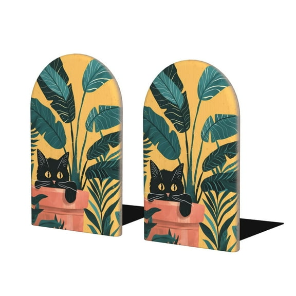 Naloa Cat Hiding In Potted Plants Wood Non-Skid Bookend for Shelves,Book Ends for Heavy Books, Book Stand for CDs,1 Pair