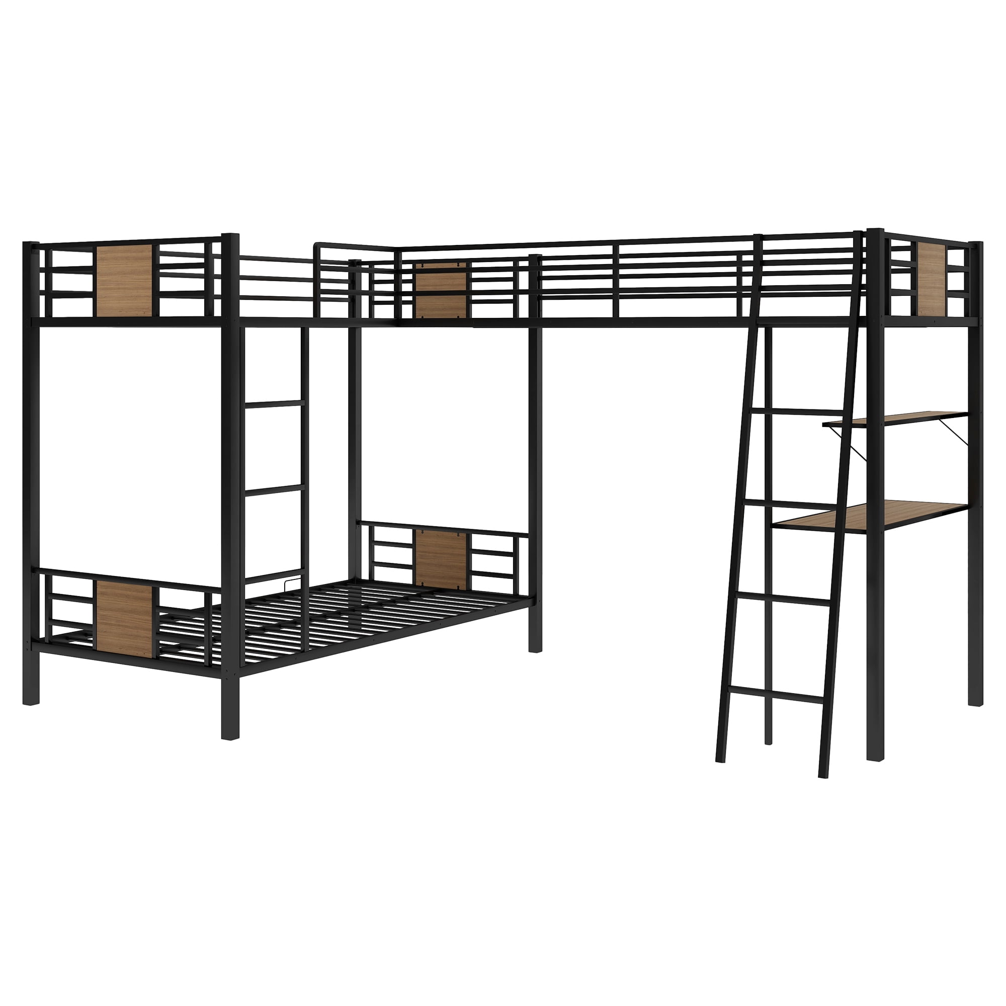 Aukfa Triple Bunk Bed with Desk and Shelf, L-Shaped Metal Bunk Bed with a Twin Loft Bed for 3 Kids, Twin Over Twin - Black