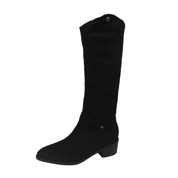 Black Ladies Knee-High Boots With Cuff Design And Block Heel For A Stylish And Comfortable Winter Shoe