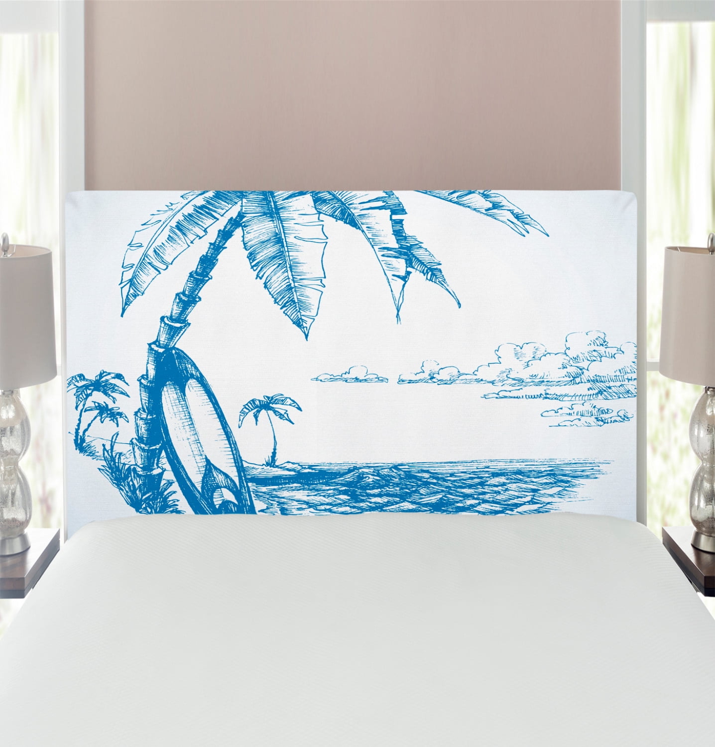Surf Headboard, Contemporary Sketch Illustration Hawaiian Beach ...
