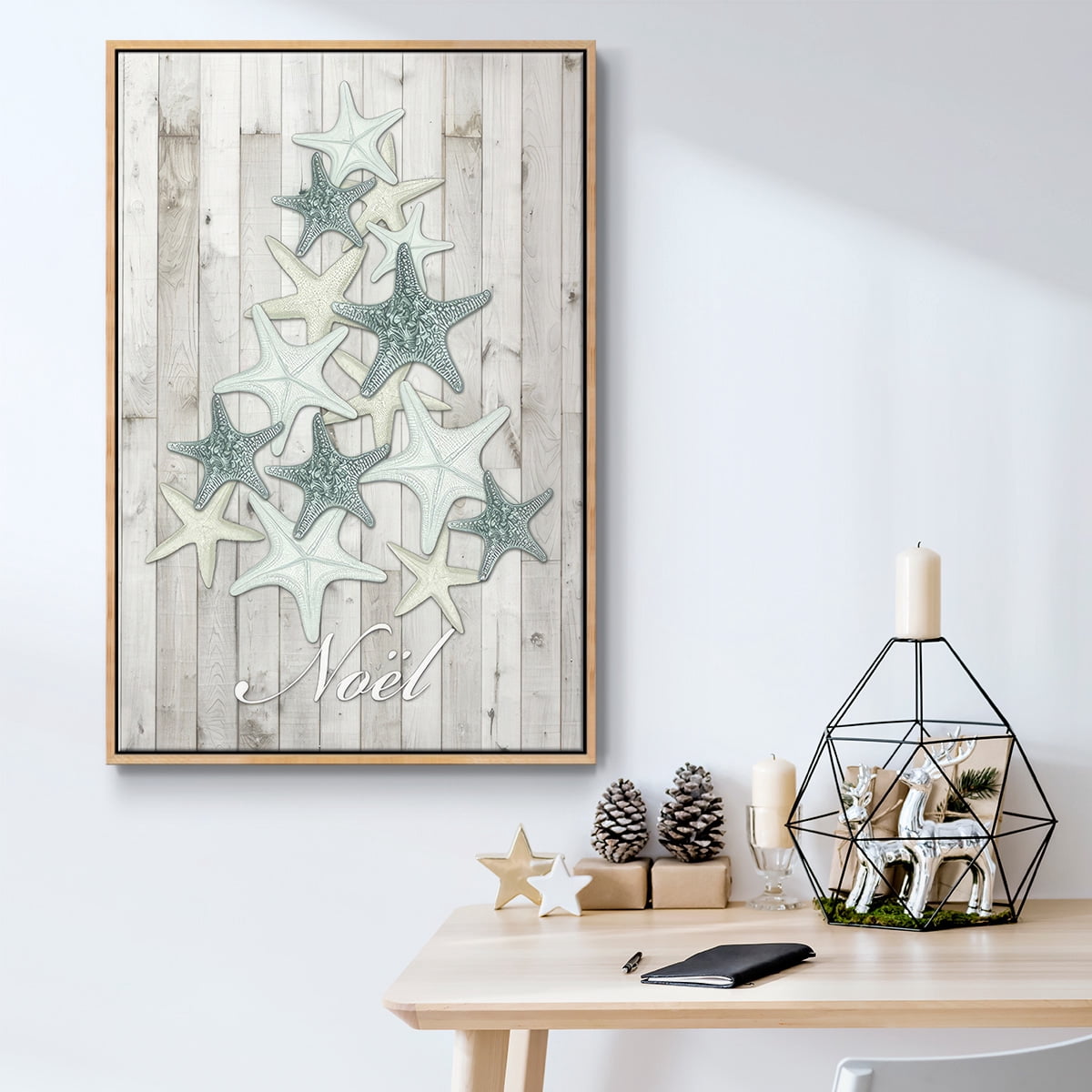 Coastal Christmas IV - Framed Gallery Wrapped Holiday Canvas - 17 x 25 - Natural Wood Frame
