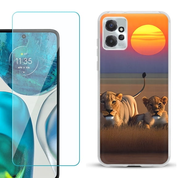 OneToughShield ® for Motorola Moto G Power 5G 2023 Shockproof Fashion Phone Case, with Tempered Glass Screen Protector - Lion Sunset