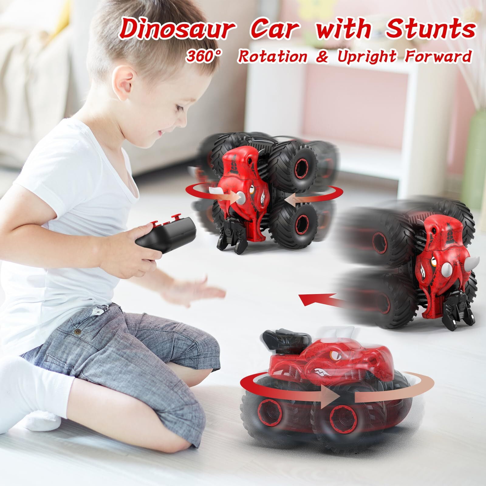 JBeeCtrl Remote Control Car 2.4GHz 360° Rotating RC Monster Trucks for Boys with Spray, Light & Sound Dinosaur Toys for Kids Boys 3 4 5 6 7 8 Christmas Birthday Gift（Red）
