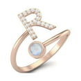 thumbnail image 1 of Capital R Initial Letter Moonstone Women Adjustable Front Open Ring 925 Sterling Silver Rose Vermeil, 1 of 1