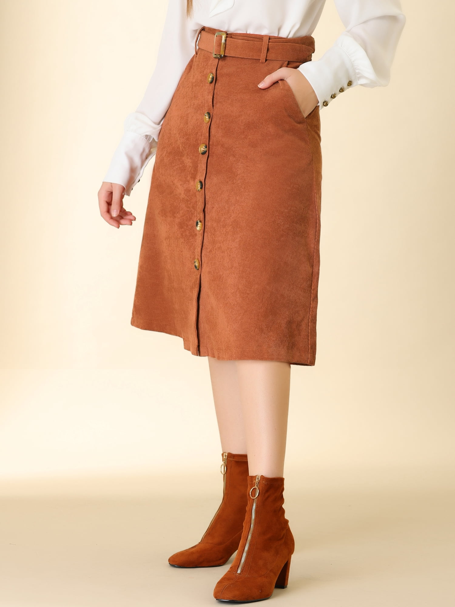 DARING DIVA Women's A-Line Button Front Belted Midi Skirts 3XL Caramel