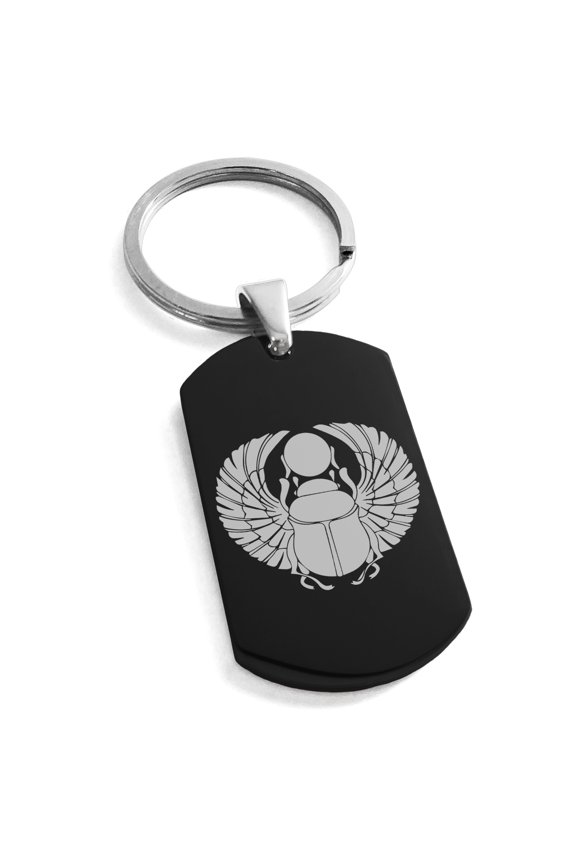 Stainless Steel Scarab Beetle Rising Sun Engraved Dog Tag Keychain Keyring