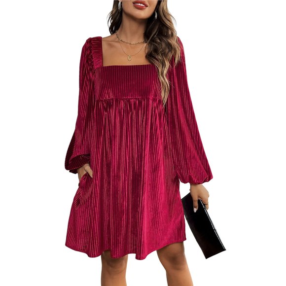 Women's Loose Fit Square Neck Long Sleeve Velvet Mini Babydoll Dresses Shift Dress Wine Red XL