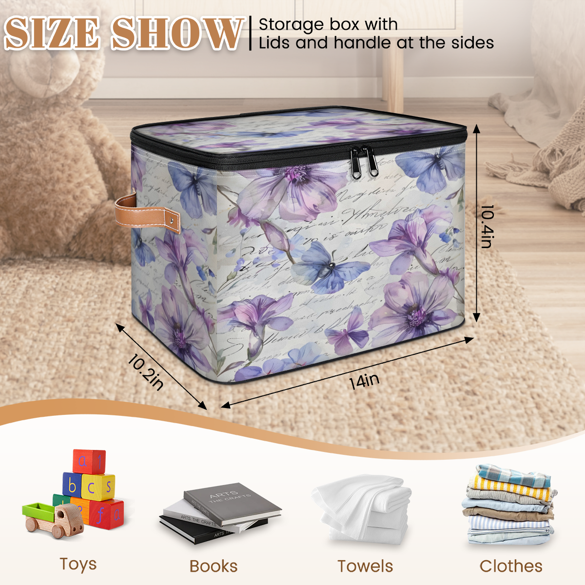 CURLYOOT Purple Flower Butterfly Fabric Storage Bins with Lids, Phrase Words Foldable Storage Boxes Washable Storage Cube, Closet Bedroom Home Organizer Containers with Handles