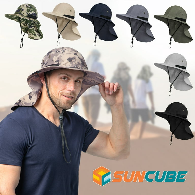 Sun Cube Mens Fishing Hat with Neck Flap for Men | Sun Hat with Wide Brim for Hiking Safari with Neck Cover for Outdoor Sun Protection UPF50+ | Light