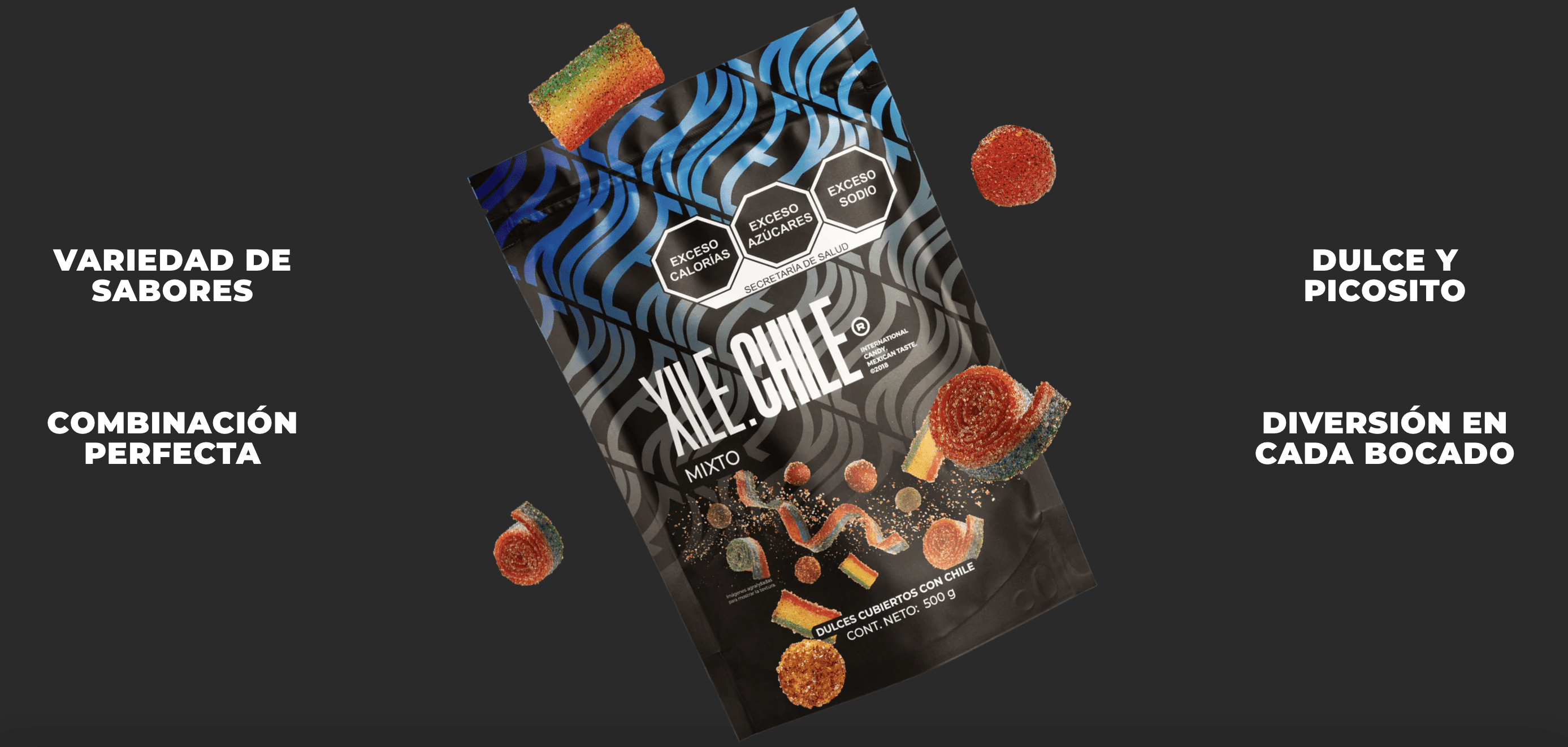 Xile Chile Dulces Enchilados Mixto | 850 Gramos Neto | Dulces Mixtos Cubiertos Con Chile | Rainbow Bites, Cherry Bombs, Tiritas de Fresa y Ski Dots