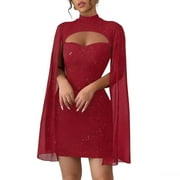 SwiftWear Women's Mock Neck Chiffon Cloak Sleeve Knit Sparkly Mini Dress Elegant Shift Glitter Bodycon Dress Going Out Cocktail & Party Dresses, Red