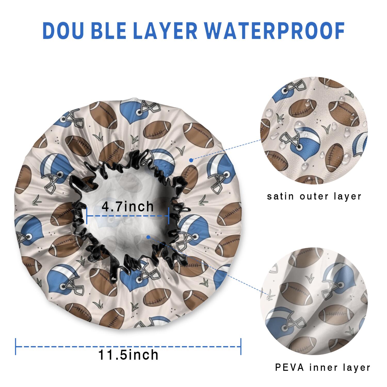 Shower Caps,Beige Background Football Helmets Pattern Waterproof Shower Cap for Women 4 Pieces,Double Reusable Hair Cover for Shower PEVA Elastic Stretch Hem
