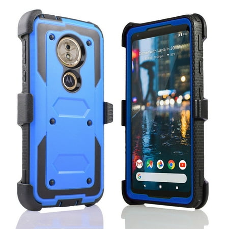 For Motorola Moto G6 Play/ Forge/ XT1922 Hybrid Holster Protective Shock Resistant Cushioned Corners Hybrid Dual Layers Built-in Kickstand Screen Protector Phone Case (Blue)
