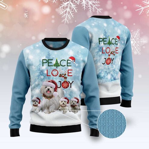 Maltese Peace Love Joy 3D Sweater 3D Christmas Sweater, Funny Xmas Sweater, Sweater Xmas