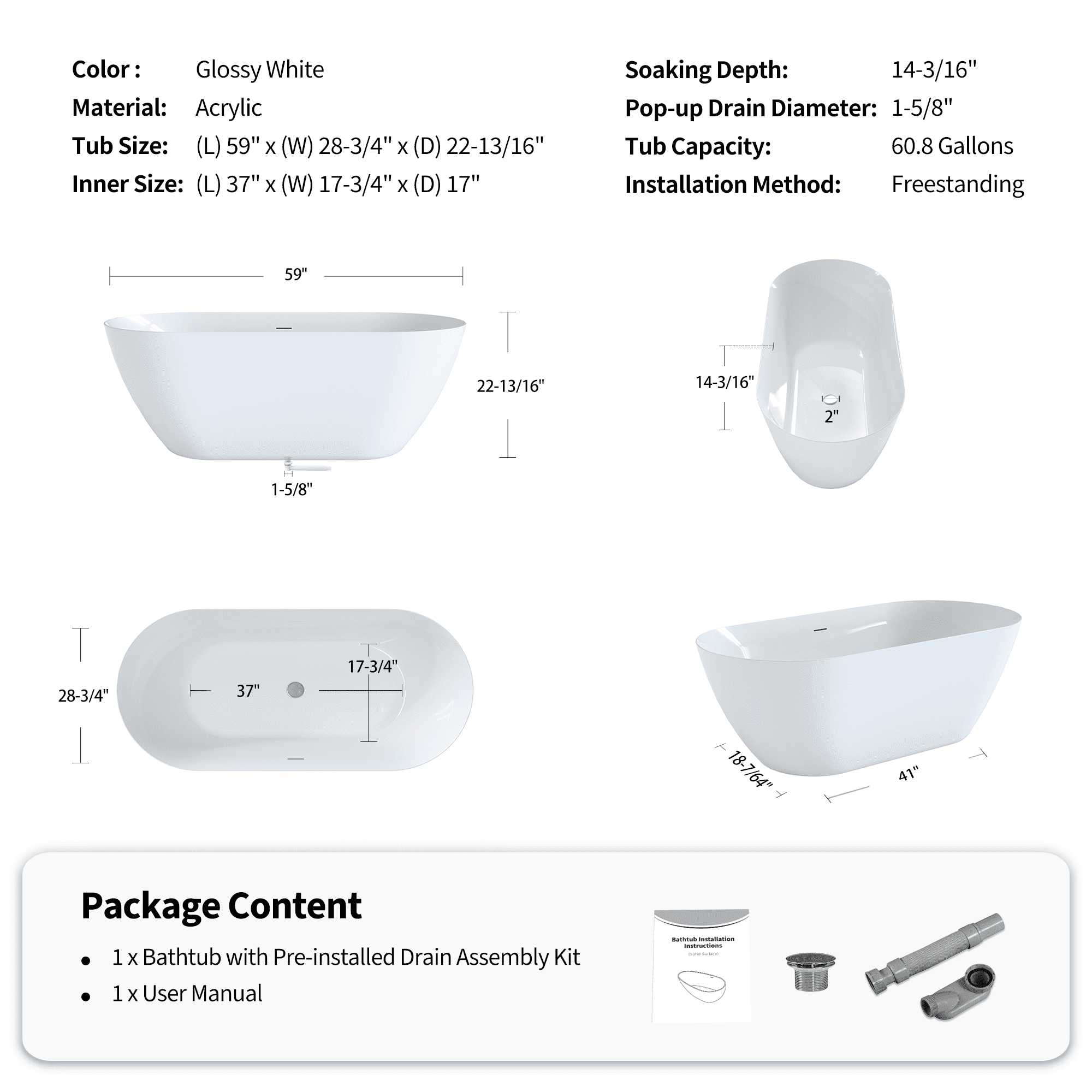 LiviNest 60" Acrylic Freestanding Bathtub: Oval Deep Soaking Tub with Heat Retention & Pop-up Drain - Contemporary Stand Alone Bath Tub for Luxury Hotel Spa & Home Upgrade, Glossy White Finish