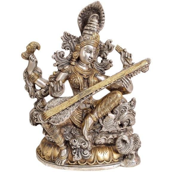 11" Goddess Saraswati Brass Statue | Handmade | Made In India