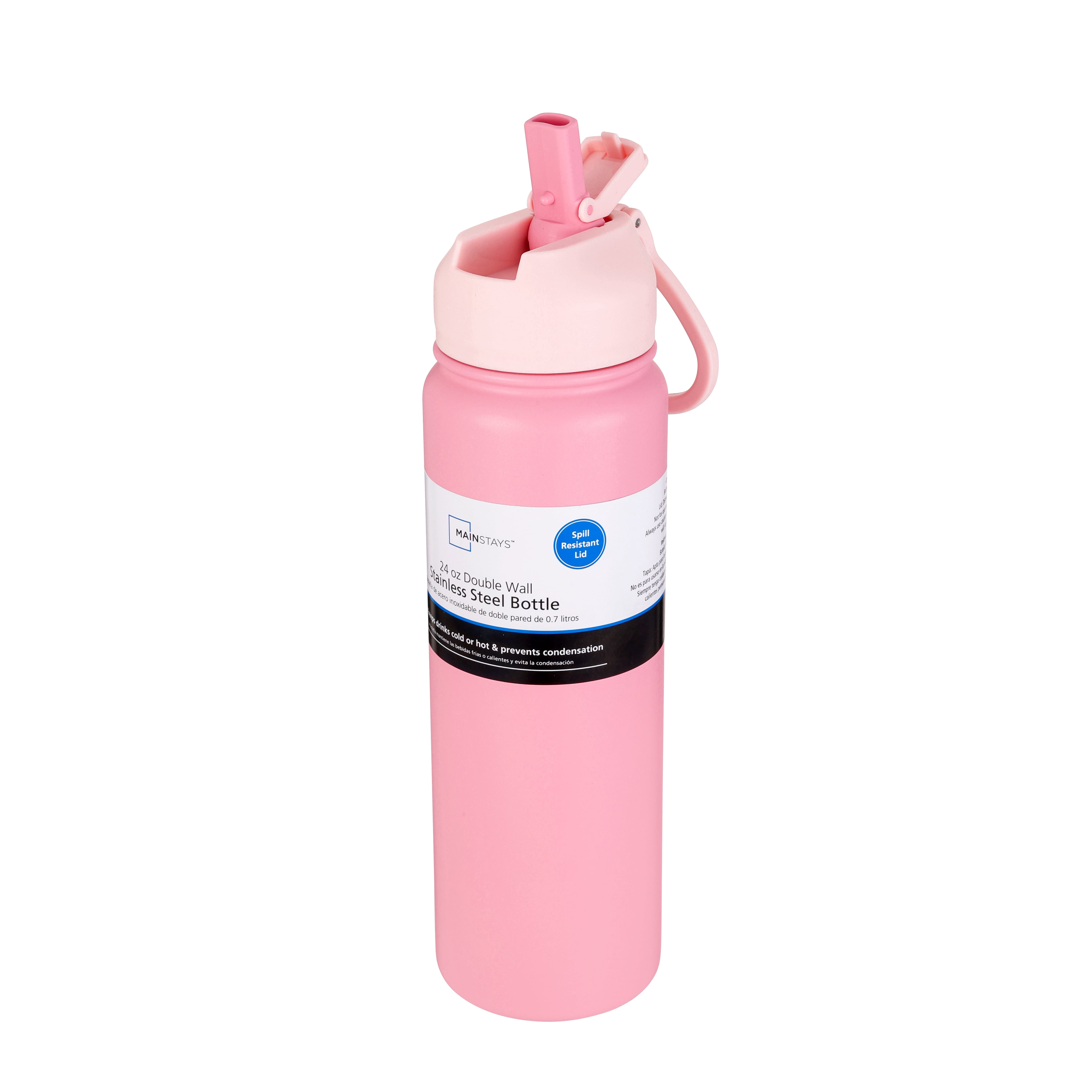 Mainstays 24 oz Pink Double Wall Stainless Steel Water Bottle with Straw Lid
