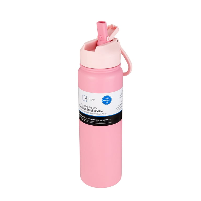 Mainstays 24 oz Pink Double Wall Stainless Steel Water Bottle with Straw Lid